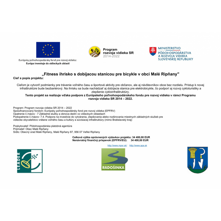 Fitness ihrisko s dobíjacou stanicou pre bicykle v obci Malé Ripňany